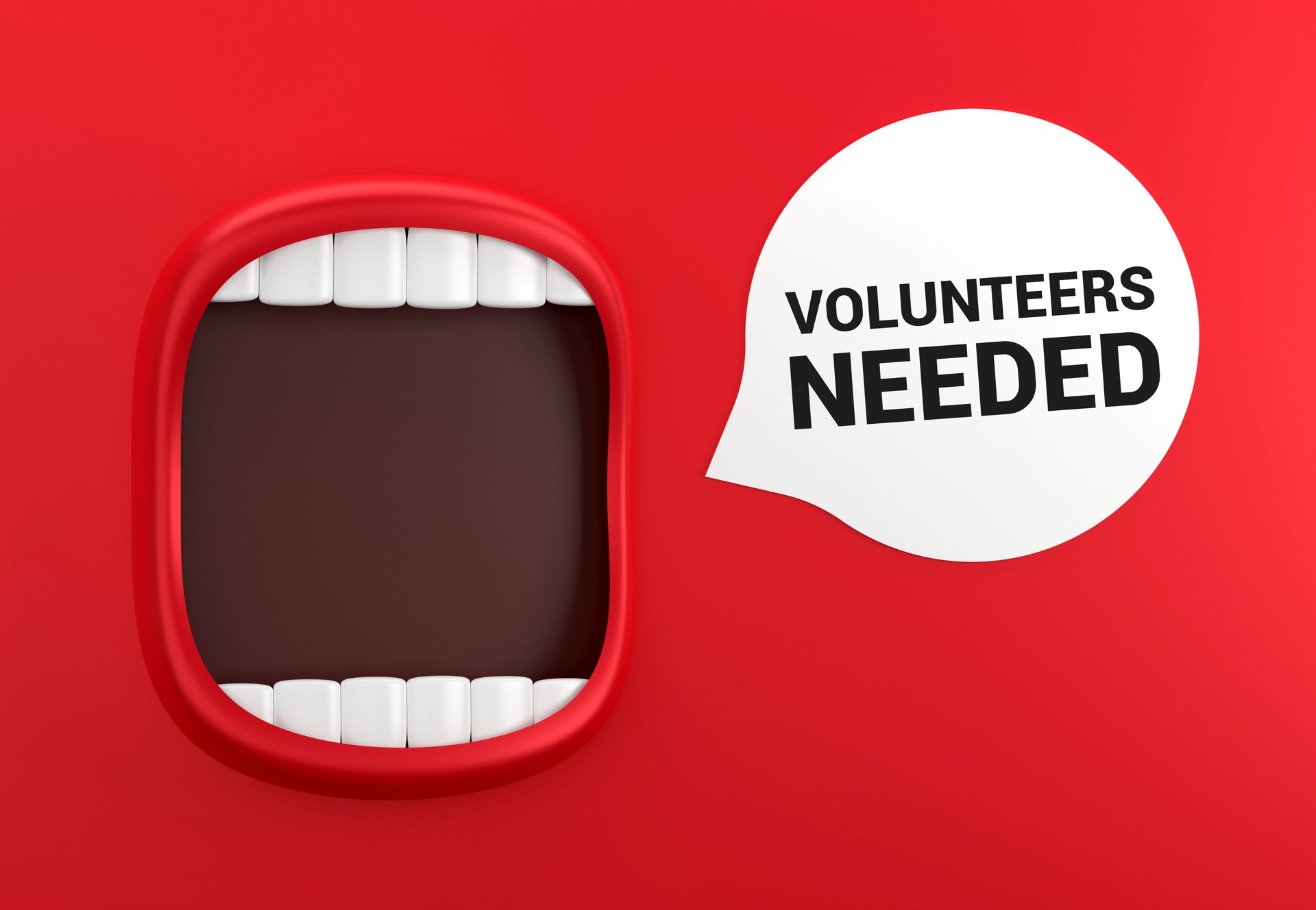 Red Mouth And Speech Bubble With Volunteers Needed Message